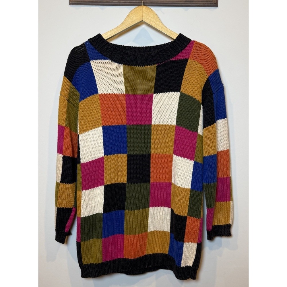 VTG 90s Y2K Express Tricot Patchwork Checkerboard Colorblock Cableknit Sweater M
